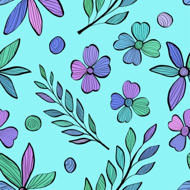 Mavi arka plan üzerinde kroki tarzında yaprak dalları ve çiçekler ile dikişsiz arka plan. Doodle.