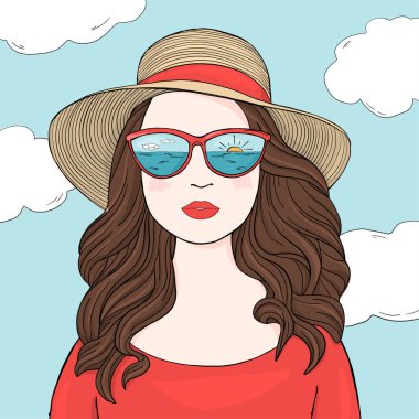 Uzun koyu saçlı, aynalı gözlüklü ve yazlık şapkalı modaya uygun bir kadın. Elle çizilmiş.