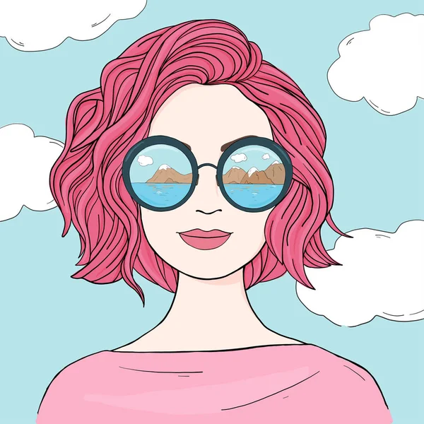 Mulher na moda com cabelo rosa em óculos de sol espelhados. Desenhados à mão . — Vetor de Stock