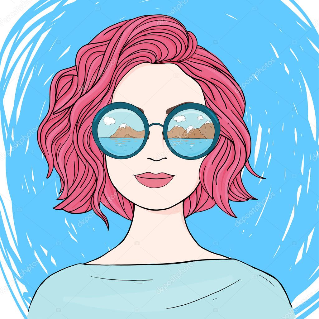 Woman with pink hair in mirrored sunglasses. Hand-drawn.