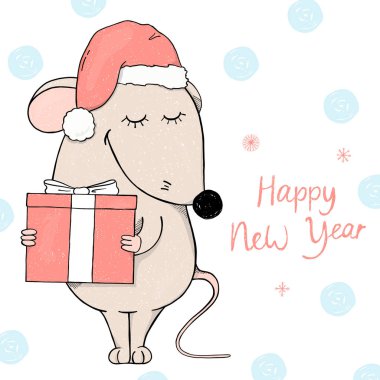 Noel Baba şapkalı sevimli fare bir hediye tutan ve gülümseyen. Yeni yıl ve Noel için kartpostal.