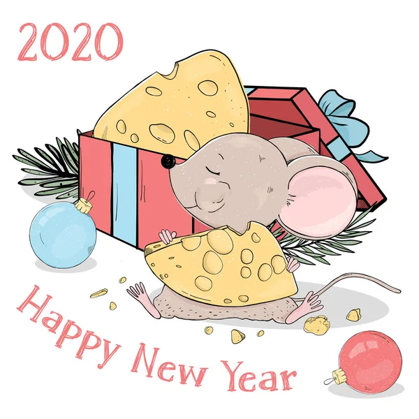Yeni yıl 2020. Peynir, hediye kutusu ve Noel topları ile komik bir küçük fare ile Kartpostal.