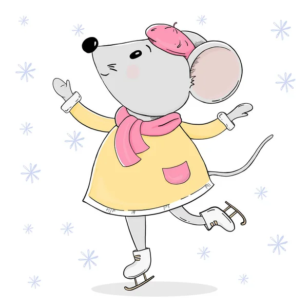 Lindo ratón en ropa de abrigo en patines. La tarjeta de felicitación para Nuevo año y la Navidad . — Vector de stock