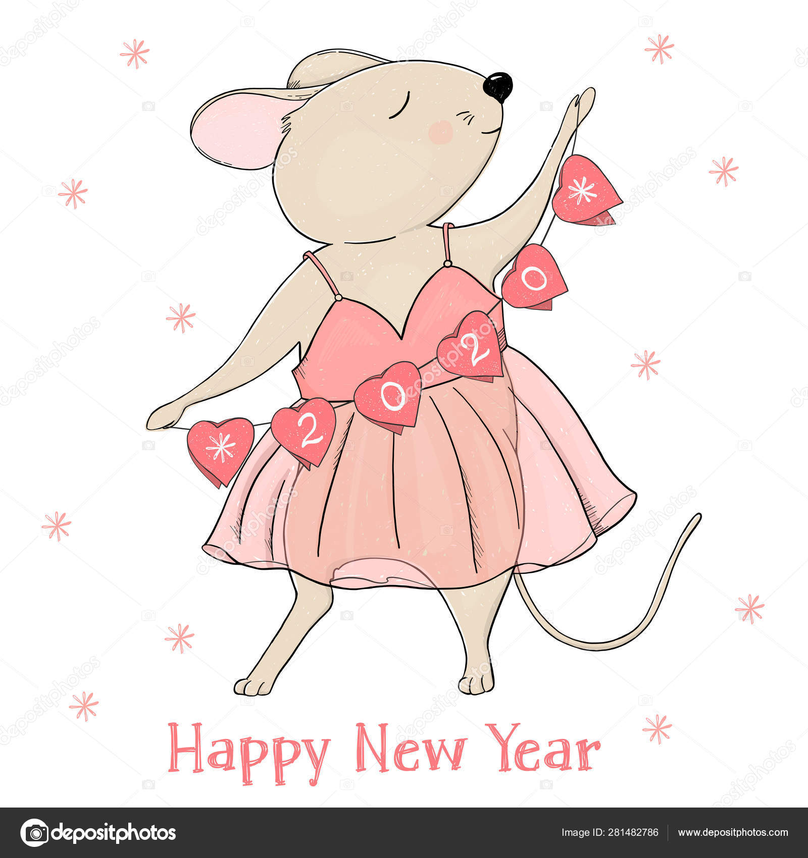 하트 모양의 화환이있는 분홍색 드레스를 입은 귀여운 마우스. 새해 2020. 쥐의 해. 스톡 벡터 - ©Sasha_astra  281482786, image size:1600x1700