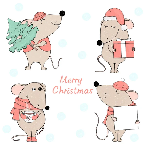 Cute myszy w czerwone ubrania z darem, choinki i filiżankę herbaty. Pocztówka na nowy rok i Boże Narodzenie. — Wektor stockowy