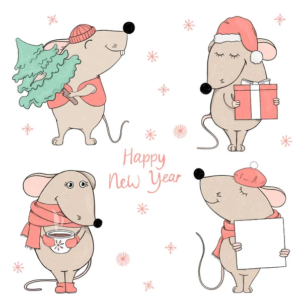 Bir hediye, bir Noel ağacı ve bir fincan çay ile kırmızı giysiler içinde Sevimli fareler. Yeni yıl ve Noel için kartpostal.