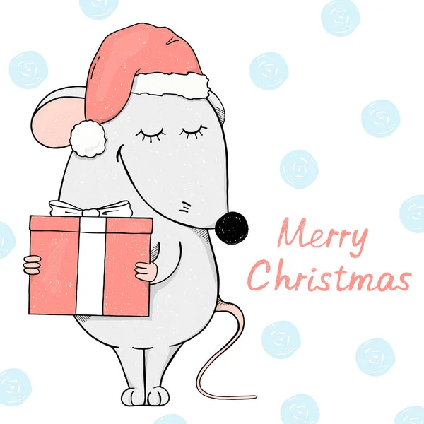 Cute myszy w Santa kapelusz trzyma prezent i uśmiechnięty. Kartki świąteczne. — Wektor stockowy