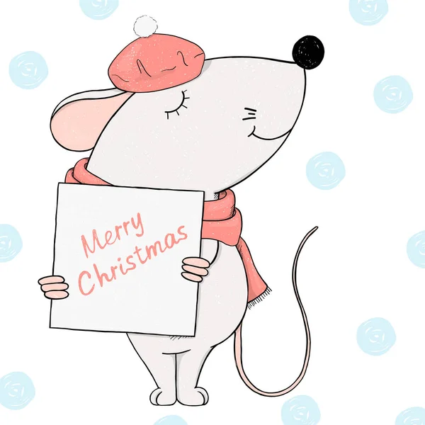 Mysz w Beret posiada ramkę do tekstu. Powitanie kartki świąteczne. — Wektor stockowy