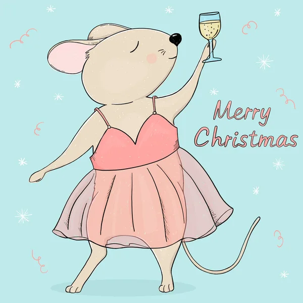 Boże Narodzenie i nowy rok 2020 karta okolicznościowa. Cute mysz w sukni i kieliszek wina. — Wektor stockowy