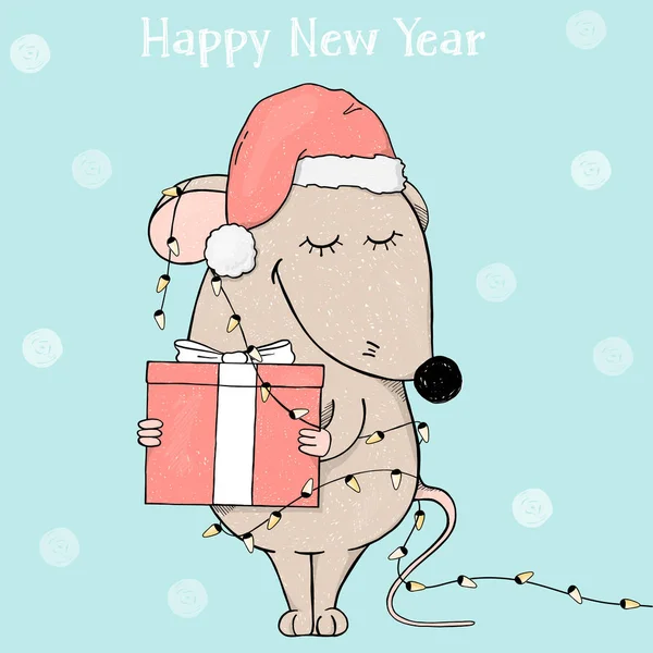 Різдвяна листівка з кумедною мишкою в капелюсі Сантаса та подарунковою коробкою. Миша заплуталася у різдвяних вогнях . — стоковий вектор