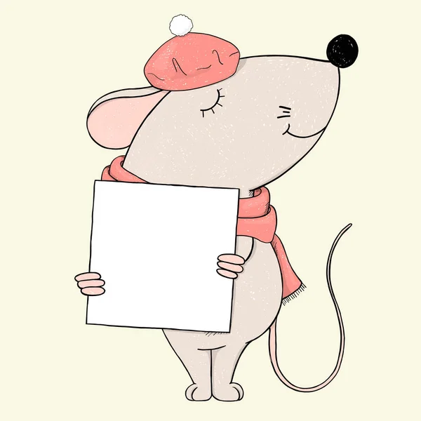 Ratón en una boina tiene un marco para su texto. Tarjeta de felicitación . — Vector de stock