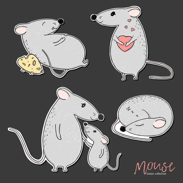 Colección de pegatinas con ratones divertidos. Dibujado a mano . — Vector de stock