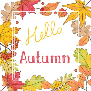 Beyaz arka plan üzerinde sonbahar yaprakları ile Çerçeve. Merhaba sonbahar.