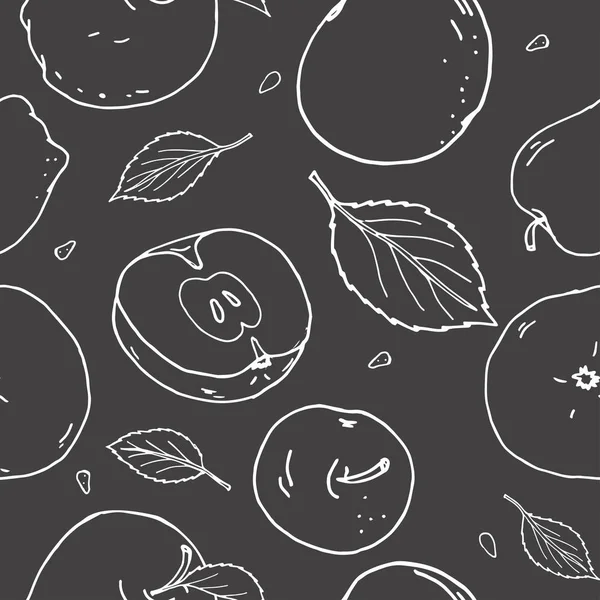 Απρόσκοπτη μοτίβο με μήλα και φύλλα. Λευκές σιλουέτες σε σκούρο φόντο. — Διανυσματικό Αρχείο