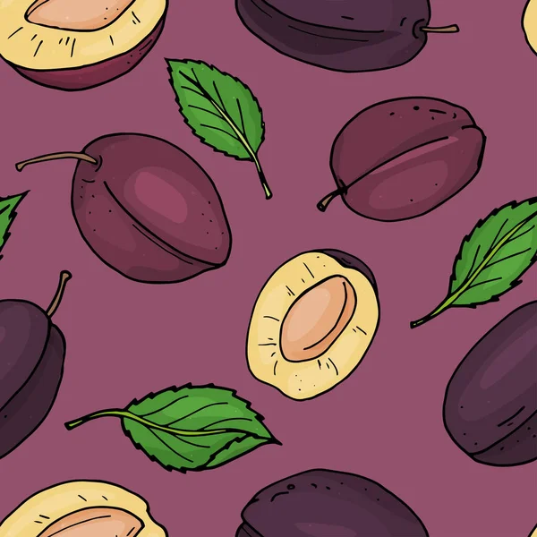 プルーンでシームレスなパターン。全体の梅と紫の背景に作品. — ストックベクタ