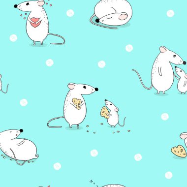 Fare desenli kusursuz desen. Kalbi olan komik bir fare, uyuyor, peynirli ve çocuklu bir anne.