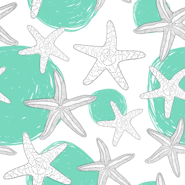 Patrón con círculos verdes dibujados a mano y estrellas de mar . — Vector de stock