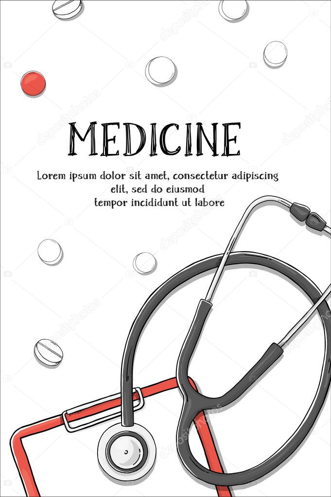 Poster on the medical theme. Stethoscope and tablet.