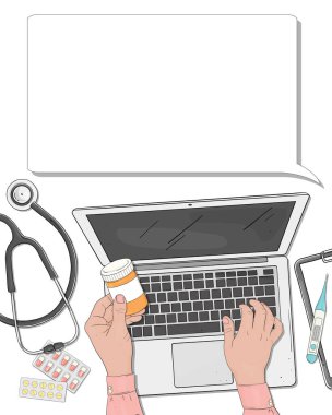 Vector illustration on medical subjects. Hands doctor with a laptop and medicines.