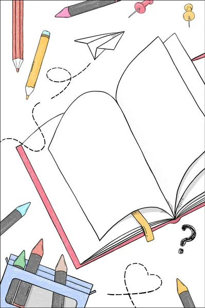 Cartaz sobre o tema da educação. Papelaria escolar e um livro . — Vetor de Stock