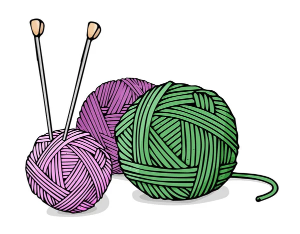Ballen van wol voor het breien van groene en paarse kleuren en breinaalden. — Stockvector