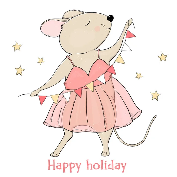 Cute myszy w różowej sukience z świąteczne świecidełka. — Wektor stockowy