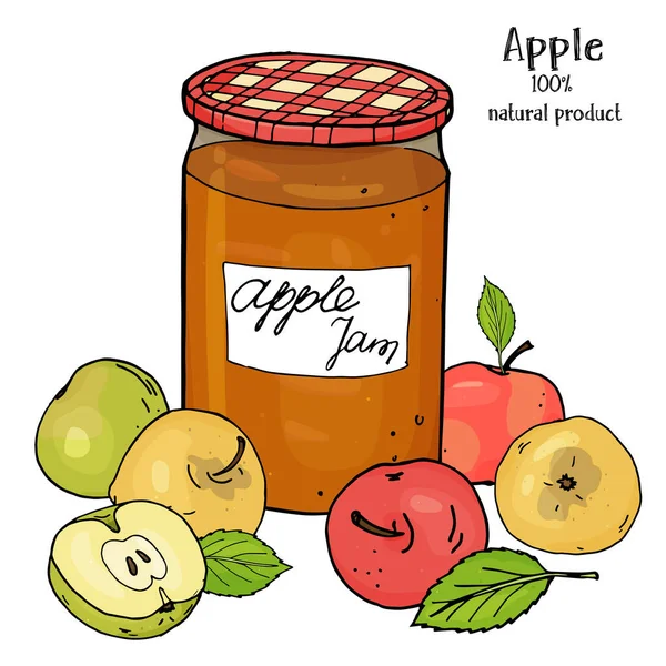 Μαρμελάδα μήλου και φρέσκα ώριμα μήλα διαφόρων χρωμάτων. — Διανυσματικό Αρχείο