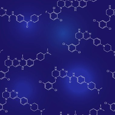 Seamless pattern on the theme of science and chemistry. Structural formulas of substances. White outline on a dark blue background. Vector illustration in sketch style.