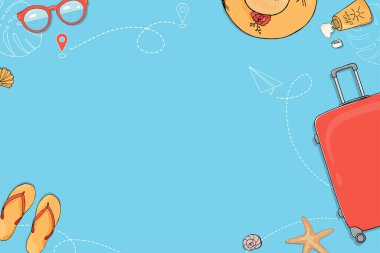 Poster on the theme of summer travel, leisure and adventure. A suitcase on wheels, summer accessories and a place for your text on a blue background. Hand-drawn. Mock up. Template. Horizontally.