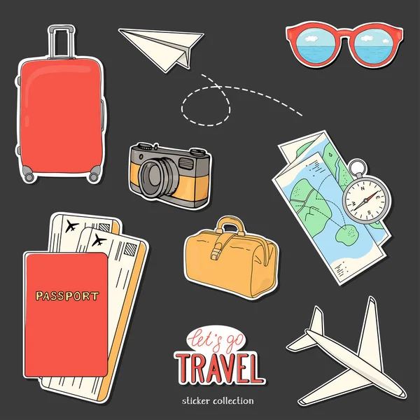 Collection of stickers on the theme of travel, recreation and adventure. Get ready for your journey. Suitcase on wheels, documents, camera, airplane and summer accessories. Hand-drawn.