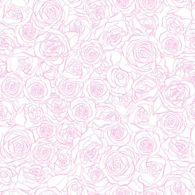 Seamless pattern with rose flowers. Monochrome vector illustration. Pink outline on a white background. Hand-drawn.