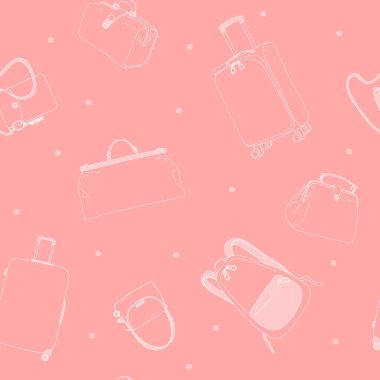 Seamless pattern with travel bags, wheeled suitcases and a backpack. Monochrome vector illustration in sketch style. White outline on a pink background. Hand-drawn.