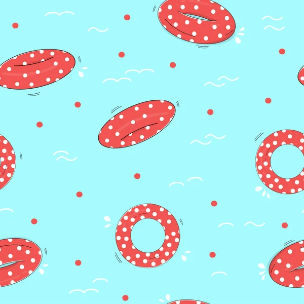 Seamless Pattern Polka Dot Inflatable Lifebuoys Blue Background Theme Summer — Stok Vektör