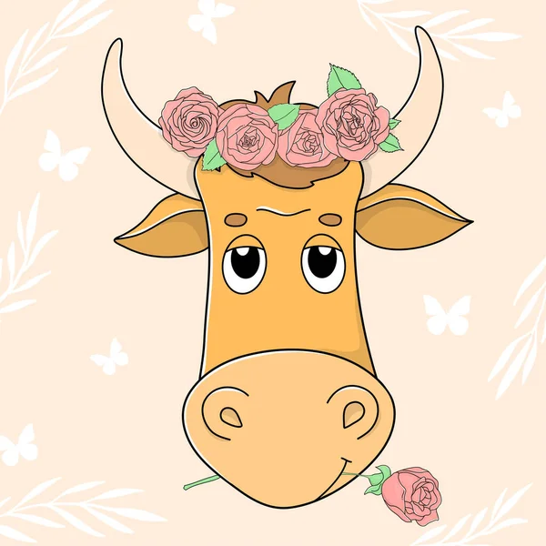 Head Cute Bull Wreath Roses Portrait Colorful Vector Illustration — Stock Vector