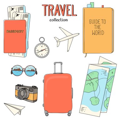 Set on the theme of travel, recreation and adventure. Get ready for your journey. A suitcase on wheels, documents, a camera, a plane, and a map. Hand-drawn.