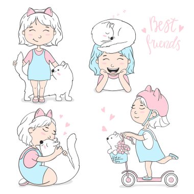 Set of illustrations with a cute little girl and a white cat. Best friend. The girl laughs and hugs her cat. Vector illustration on a white background in sketch style. Hand-drawn.