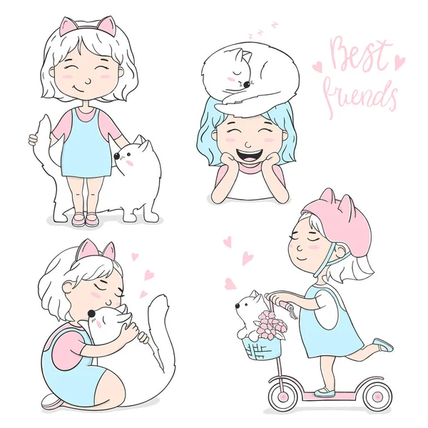 Set Illustrations Cute Little Girl White Cat Best Friend Girl — Διανυσματικό Αρχείο
