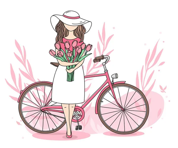 Postal con una chica y una bicicleta. Dibujado a mano . — Vector de stock