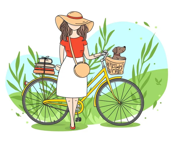 Chica con una bicicleta en el fondo de la naturaleza . — Vector de stock