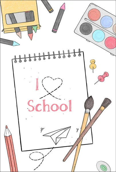 School supplies on a white background. Hand-drawn. — Stock Vector