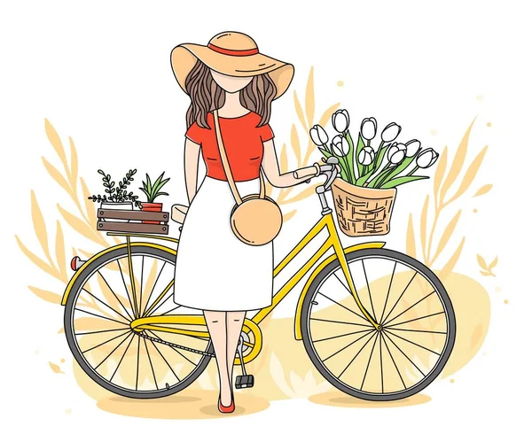 Mulher em um chapéu e flores em uma cesta de bicicleta . — Vetor de Stock