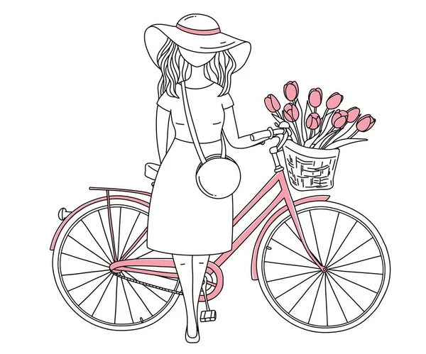 戴帽子的女人和骑自行车篮的花. — 图库矢量图片