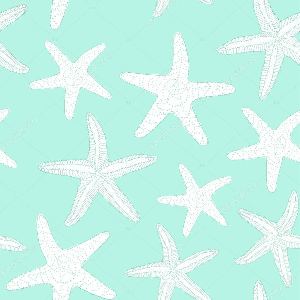Hand-drawn seamless pattern with various starfish.