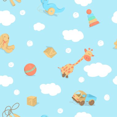 Bulutlu çocuk oyuncaklarıyla kusursuz desen.