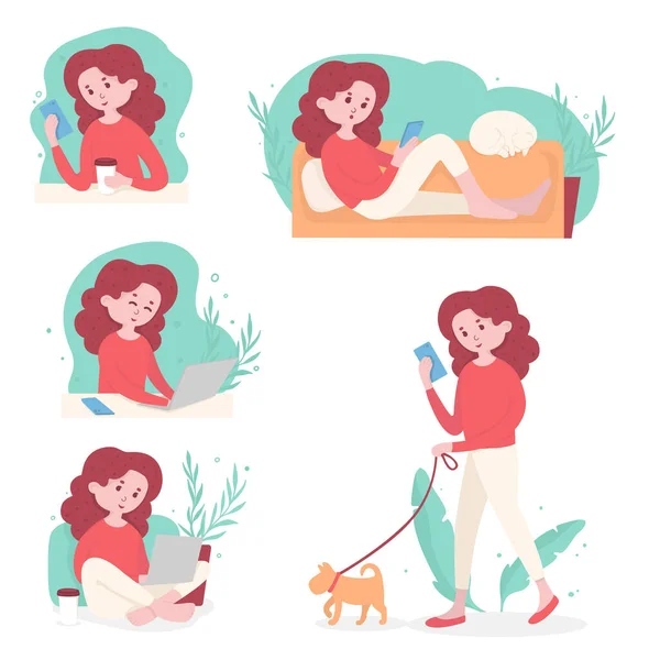 Fille à la maison avec un ordinateur portable et promenades avec un chien et un téléphone. — Image vectorielle