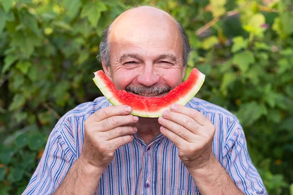 Mature Caucasian Man Mustache Eating Juicy Water Melon Pleasure Smiling — Stock Photo, Image