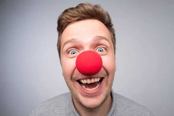 Caucasian Man Crazy Look Wearing Clown Nose Concept Happy Birthday — Stock Photo, Image