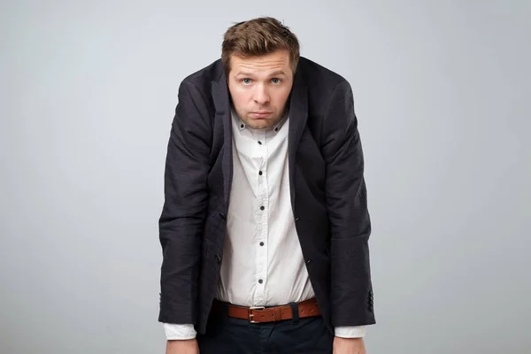 Caucasian Young Man Too Big Suit Offended Looking Stressed Looking — Stock Photo, Image