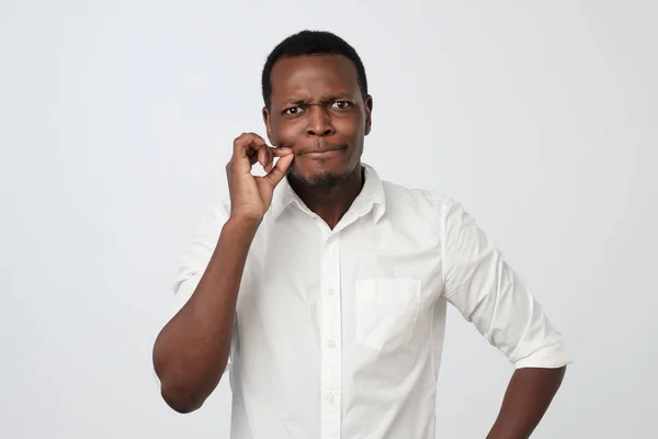 Handsome African Man Showing Sign Closing Mouth Silence Gesture Keep — Stock Photo, Image