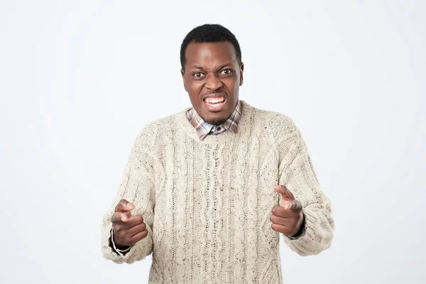 Stressed Fed African Male Dressed Sweater Holding Hands Fist Screaming — Stock Photo, Image